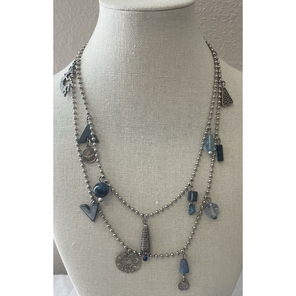 Southwest Kokopelli Hematite Glass Bead Charm Station Long Necklace
